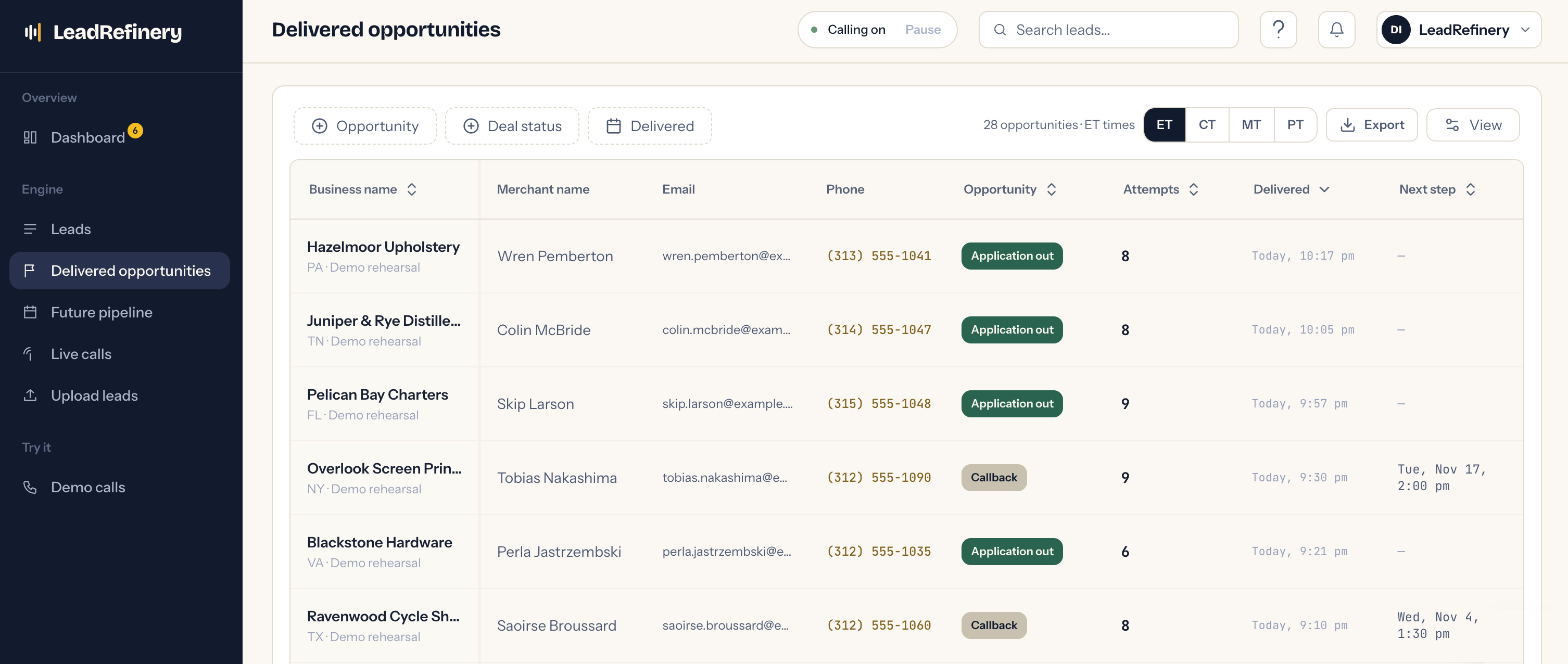 LeadRefinery web app, Delivered opportunities table with demo merchants marked Application out and Callback
